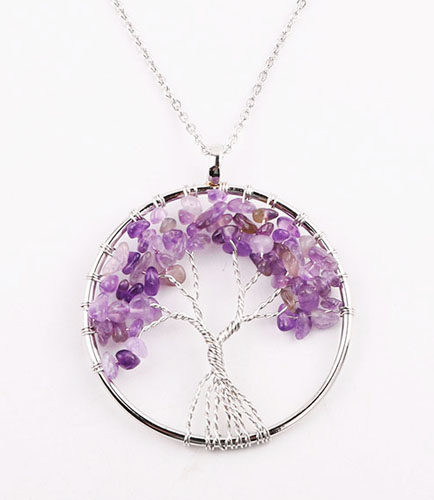 Round Tree of Life Pendant with Genuine Amethyst Crystals
